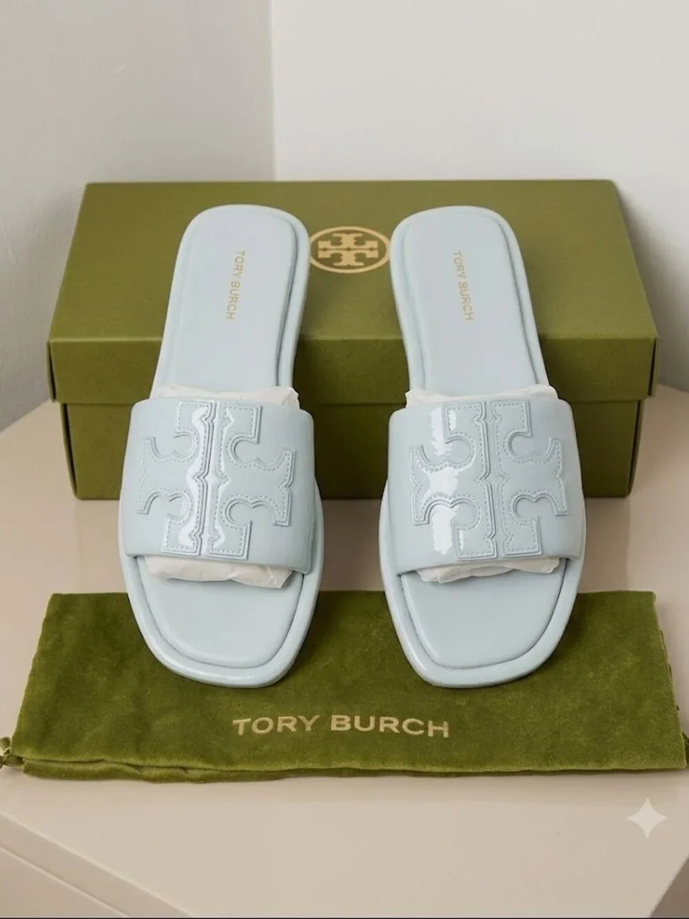 Tory Burch DOUBLE T SPORT SLIDE Patent Leather Icy Pale Blue Cushioned Sandals